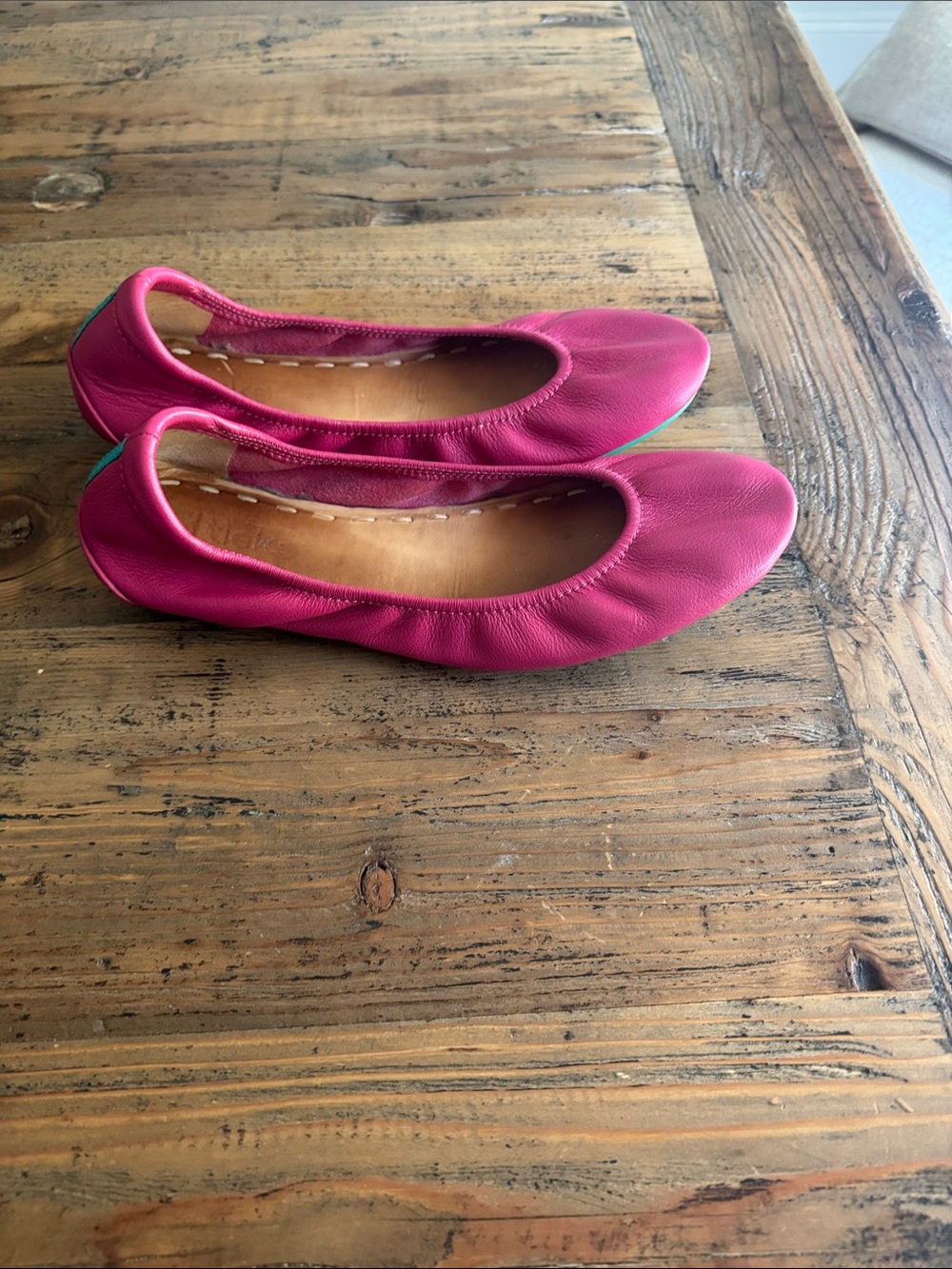 Women's Pink Leather Ballet Flats with Turquoise Heel Tab - Picture 2 of 8